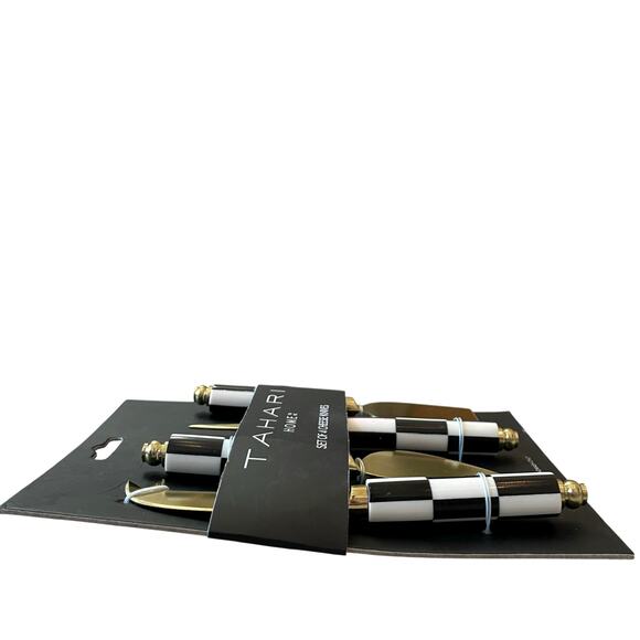 Tahari Home Set of 4 Cheese Knives Black & White Checkered Gold Glam New - Picture 4 of 8